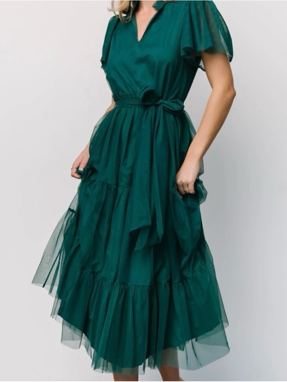 Sugarlips Emerald Green Tiered Midi Dress with Tie Waist